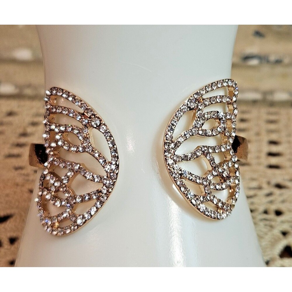 Beautiful Gold Tone & Rhinestone Hinged Cuff Bracelet Butterfly Wings